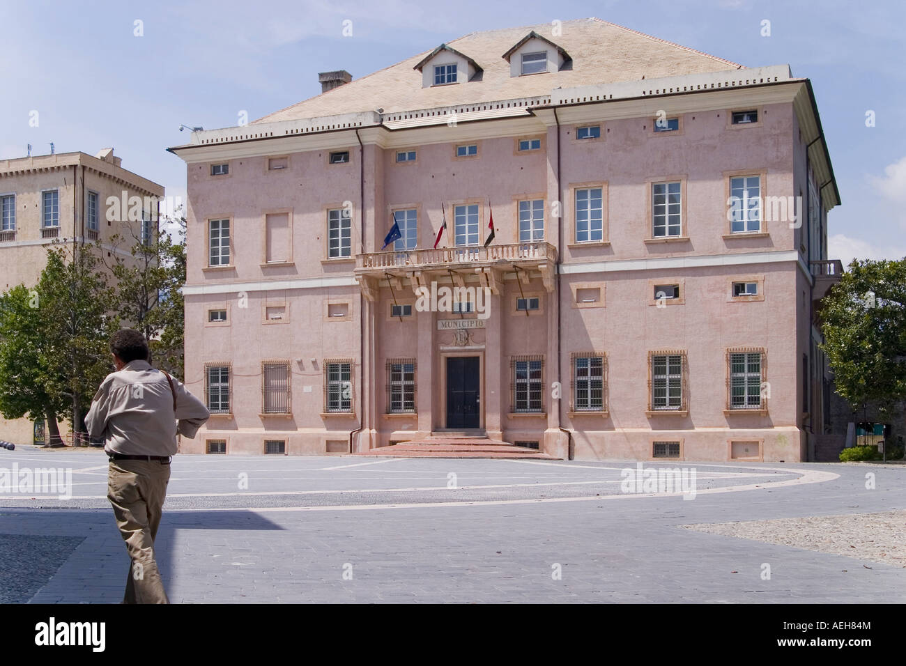 The municipal town hall during siesta time in the village of Loano ...