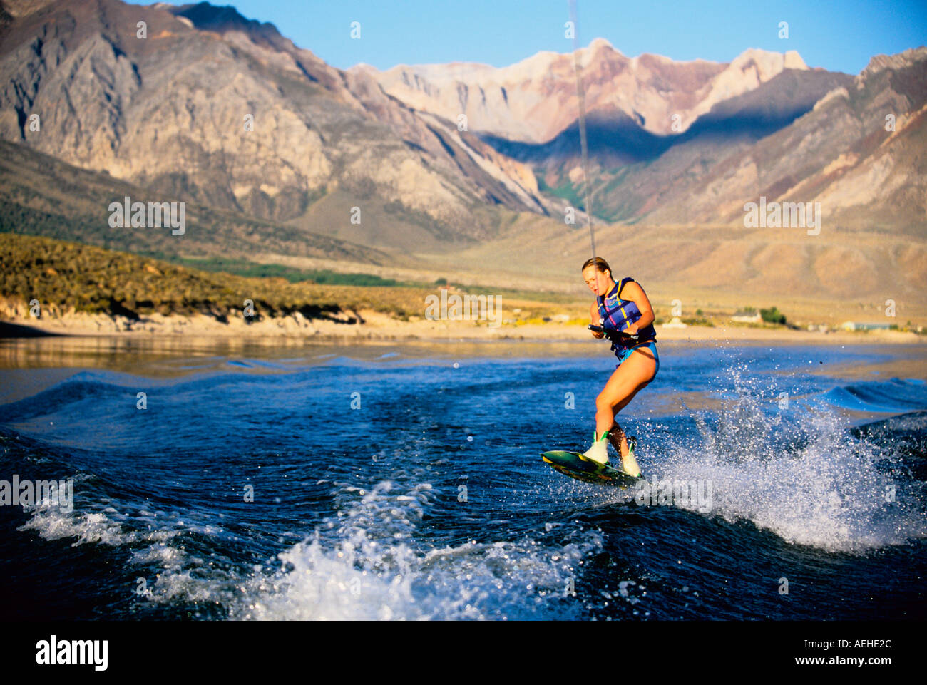 Wakeboarding on Crowley Lake near Mammoth Lakes California USA Stock
