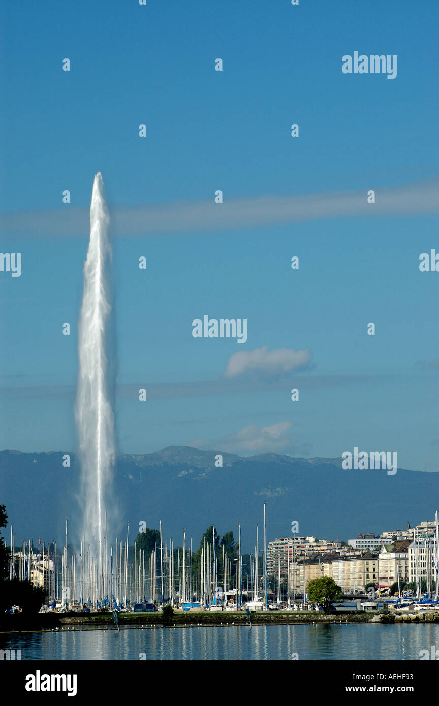 Switzerland Lake Geneva and Fountain city symbol Stock Photo