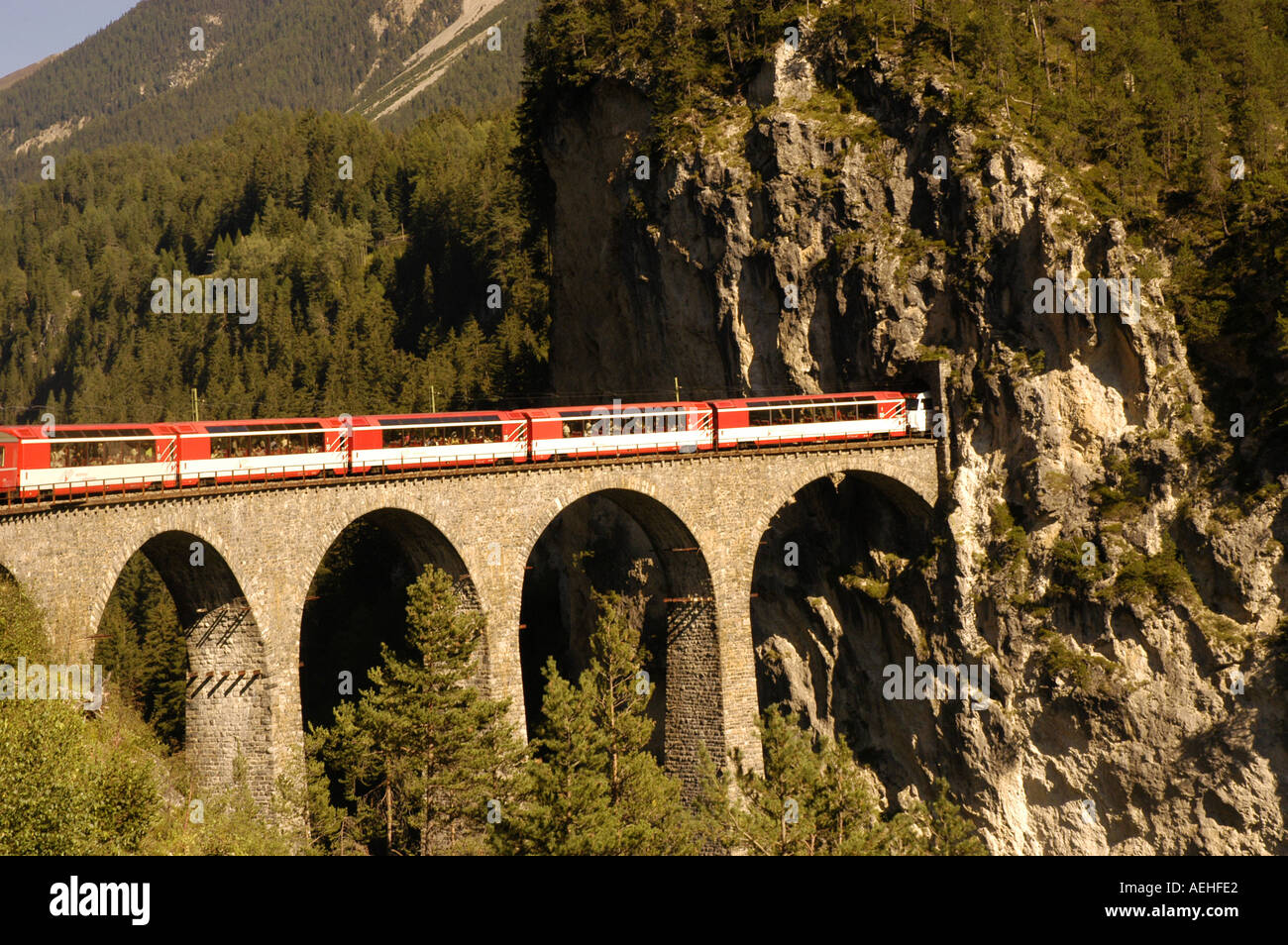 Switzerland Train over the Landwasser Viaduct Stock Photo