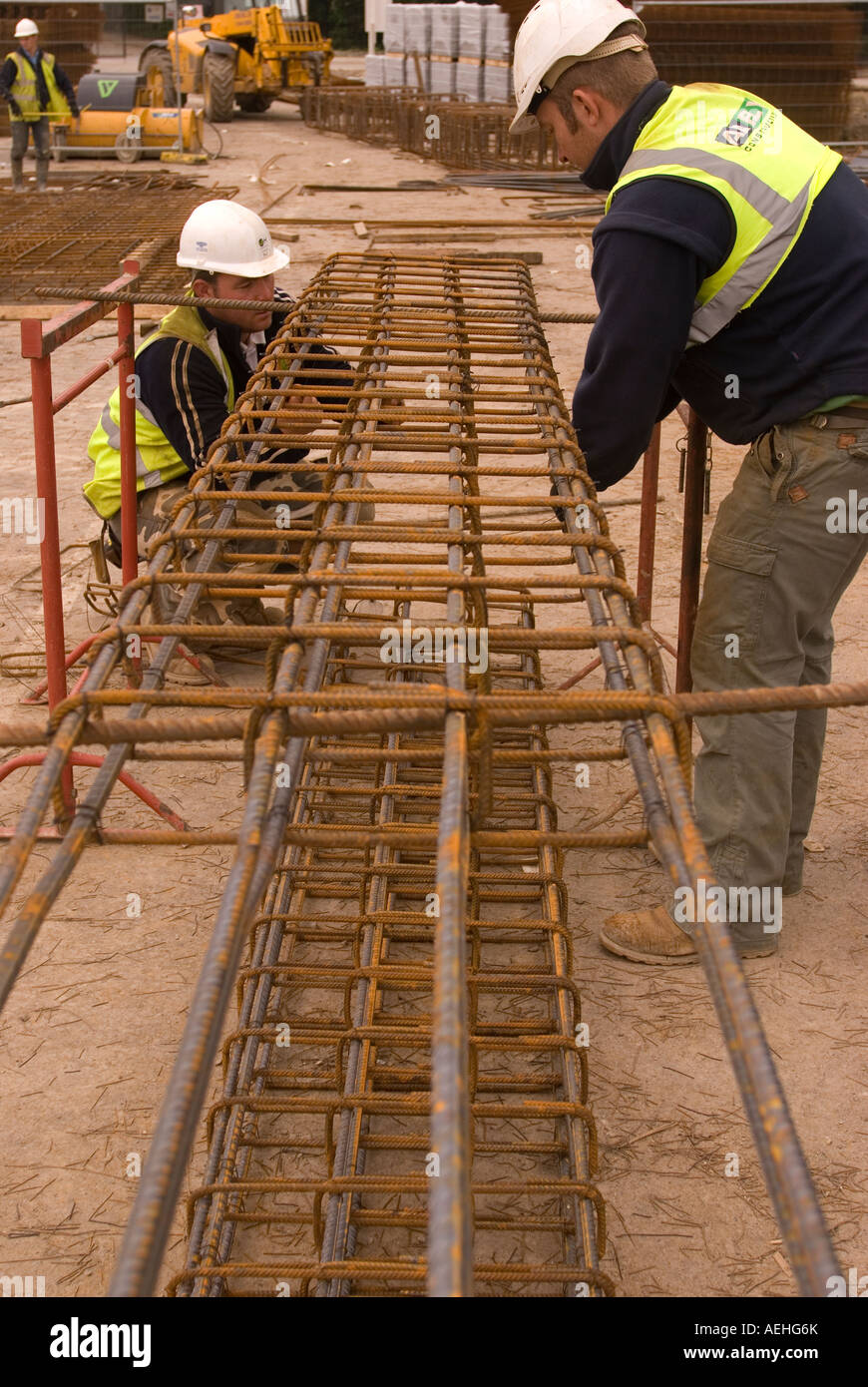 Steel workers on construction site near Milton Keynes, UK Stock Photo