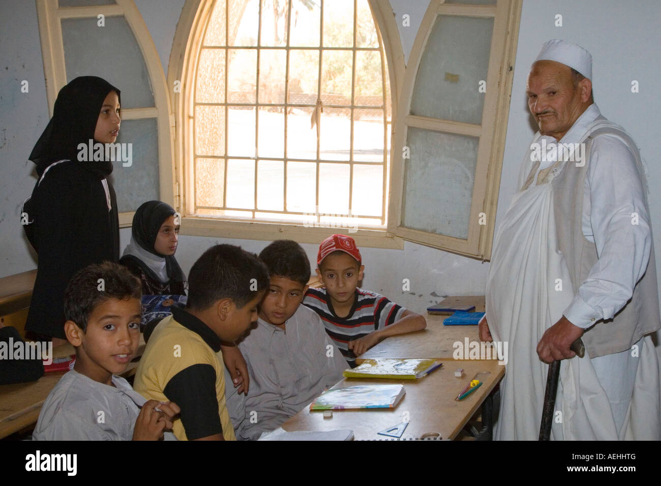 Surman, Libya, near Tripoli. Boys and Girls Memorizing the Koran in the Madrasa of Sidi Rashid al Galili. Stock Photo