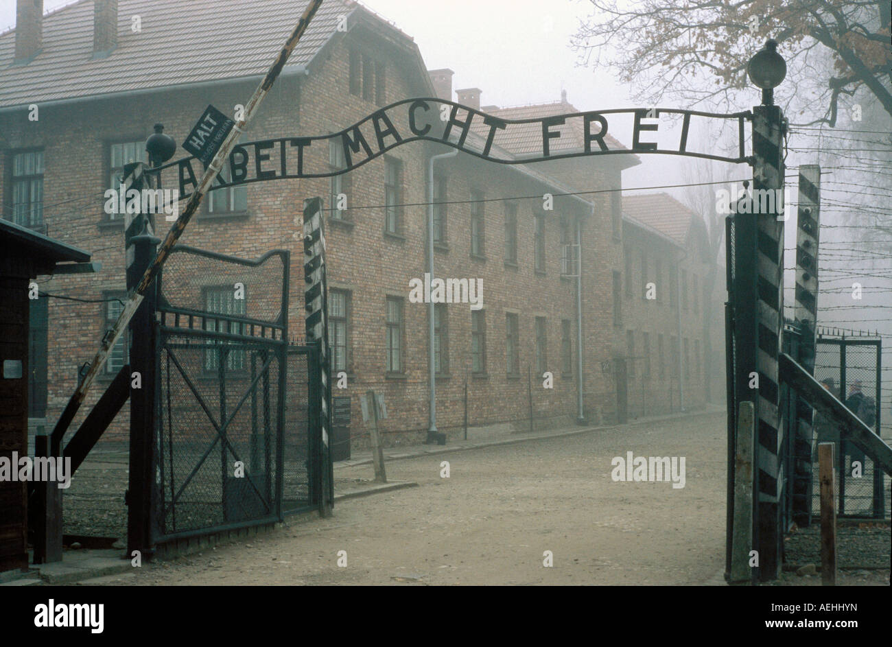 Auschwitz death camp main gate. Auschwitz-Birkenau Memorial and Museum, Oswiecm,Poland. Stock Photo