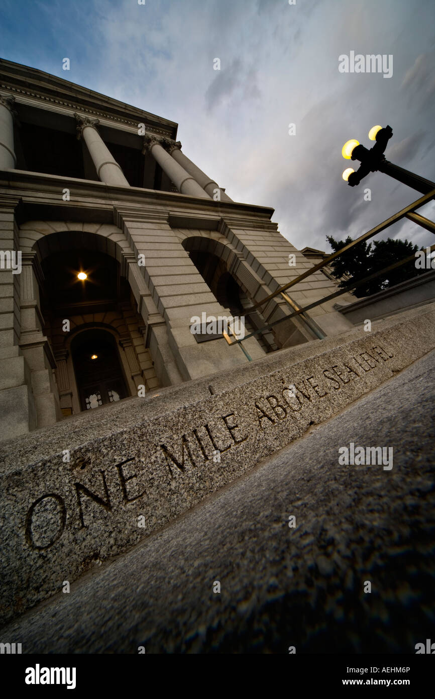 The Mile-High City. Steps of the Colorado State Capitol in Denver with the official inscription One Mile Above Sea Level. Stock Photo