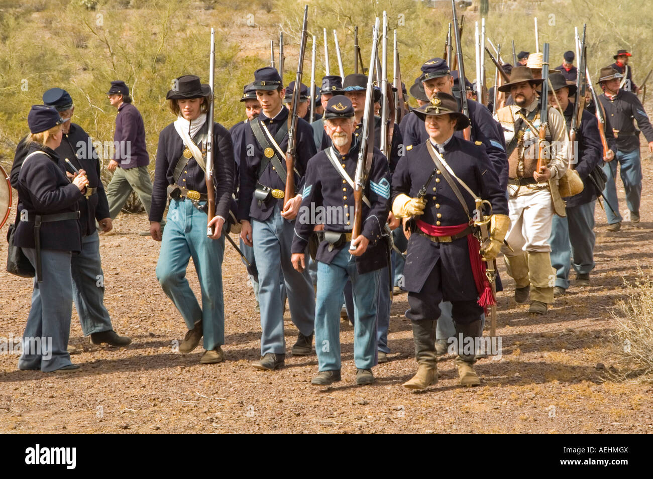 union troops marching from the battlefield after a civil war reenactment at Picacho Peak State Park Arizona March 2007 Stock Photo