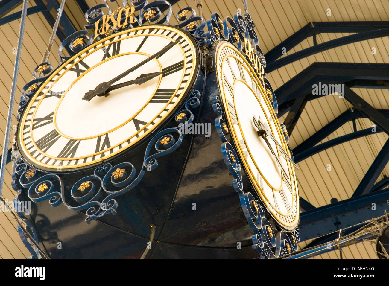 A close up of the stunning clock inside Brighton railway station Stock