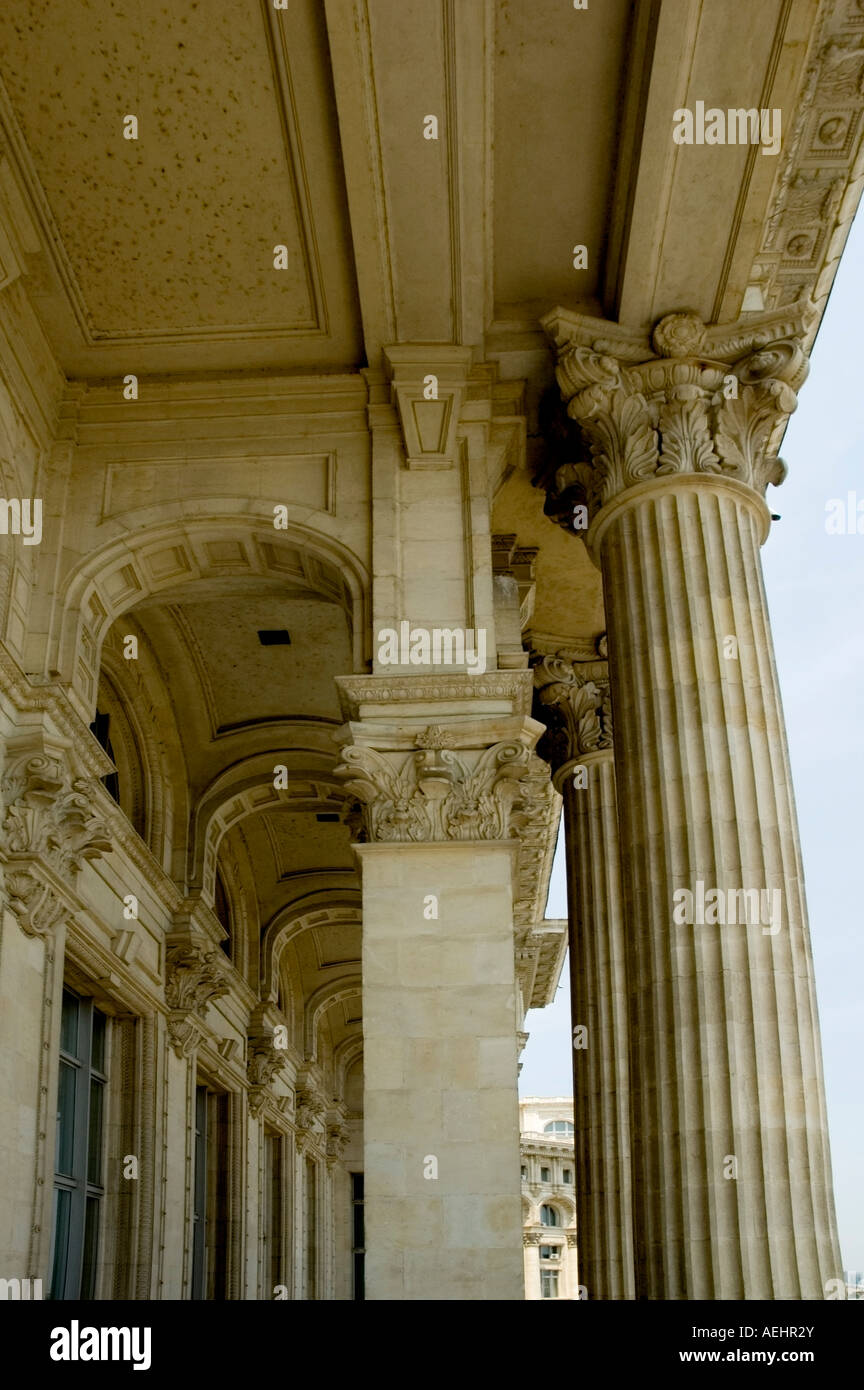 Close-up view of the balcony pillars, Inside The Parliament Palace, People Palace, Bucharest, Romania, Europe, EU Stock Photo