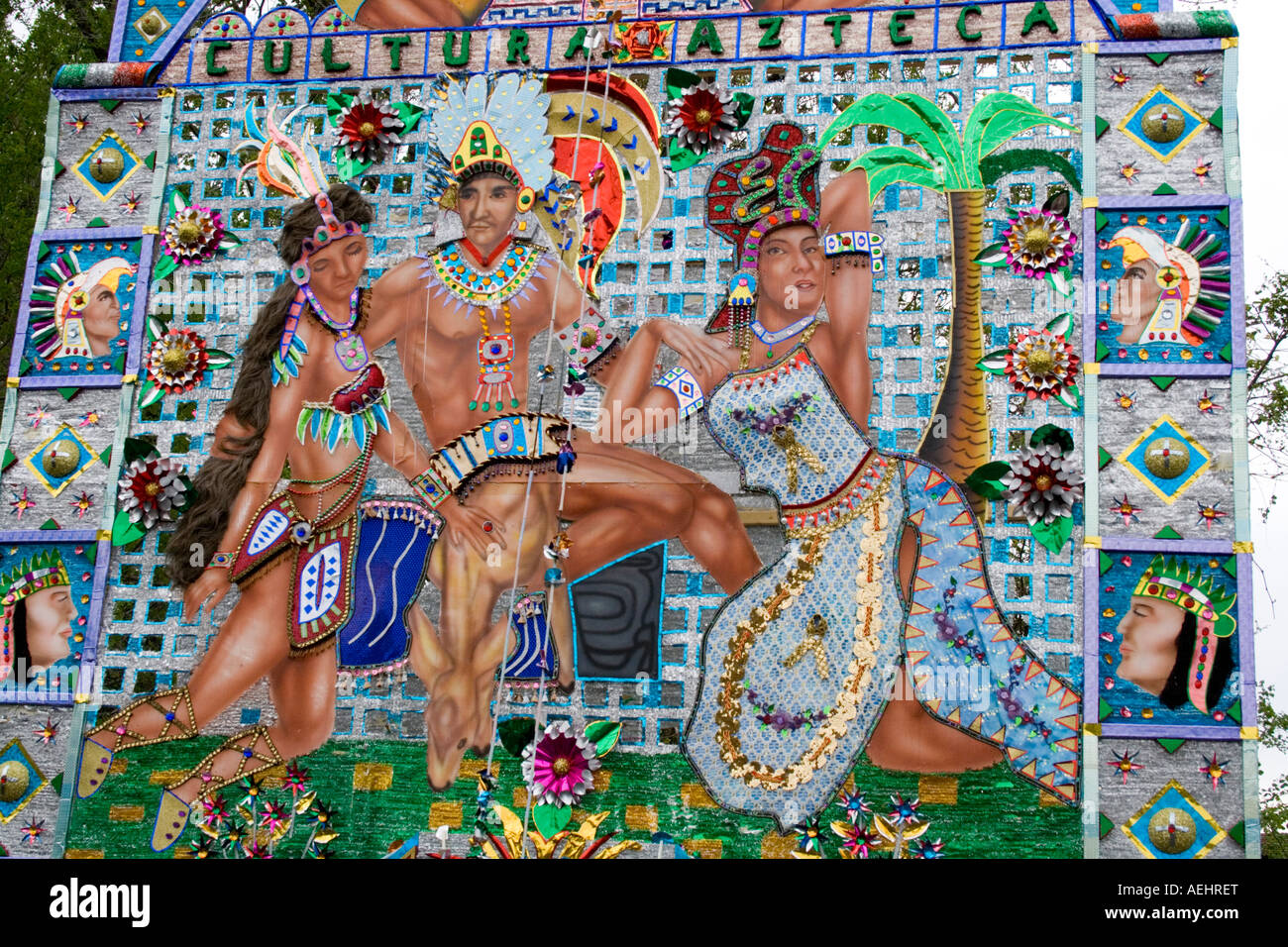 Section of poster with paintings depicting the culture of Mexican Aztec Indians. Cinco de Mayo Fiesta. 'St Paul' Minnesota USA Stock Photo