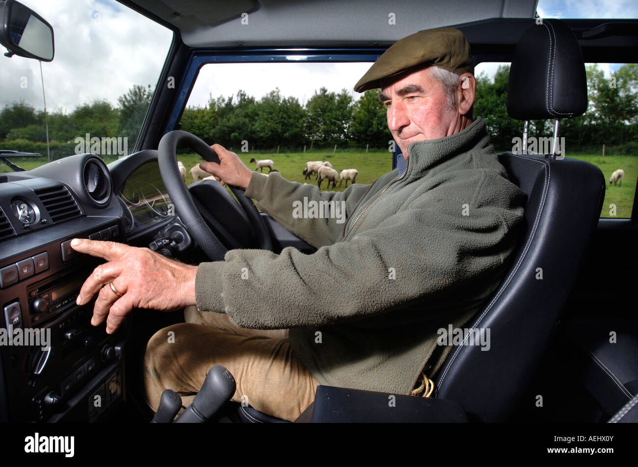 PORTRAIT OF A SHEEP FARMER IN THE CAB OF A LAND ROVER DEFENDER ON A ...