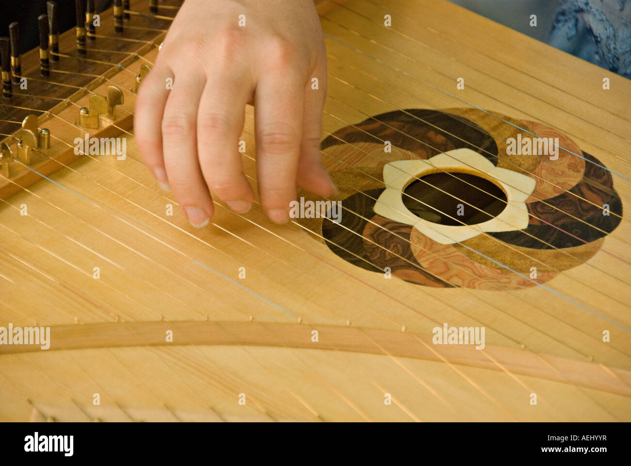 Musician pinching the strings of a cythare. Stock Photo