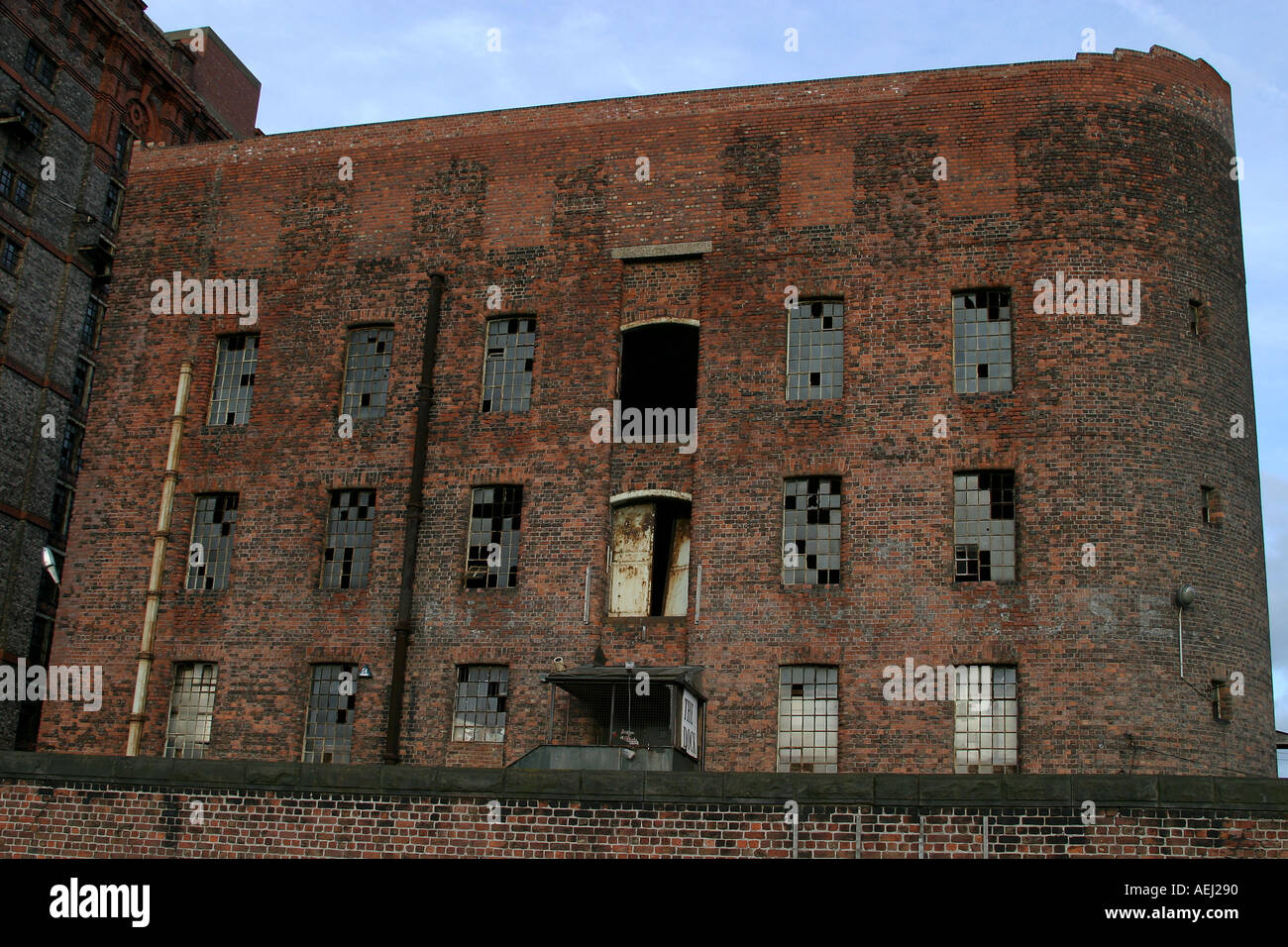 the old Tobacco Warehouses on the Liverpool dockside in Bootle Stock Photo