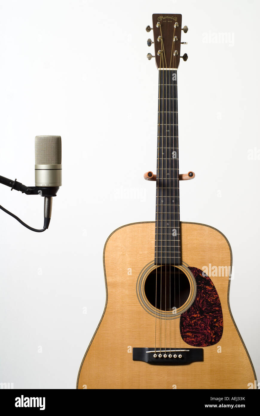 Martin D-28 Dreadnaught acoustic guitar and condenser microphone Stock Photo