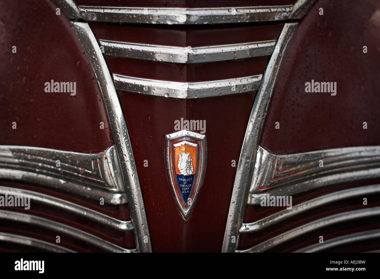 The Chrysler emblem the nose of a 1941 Plymouth Stock Photo