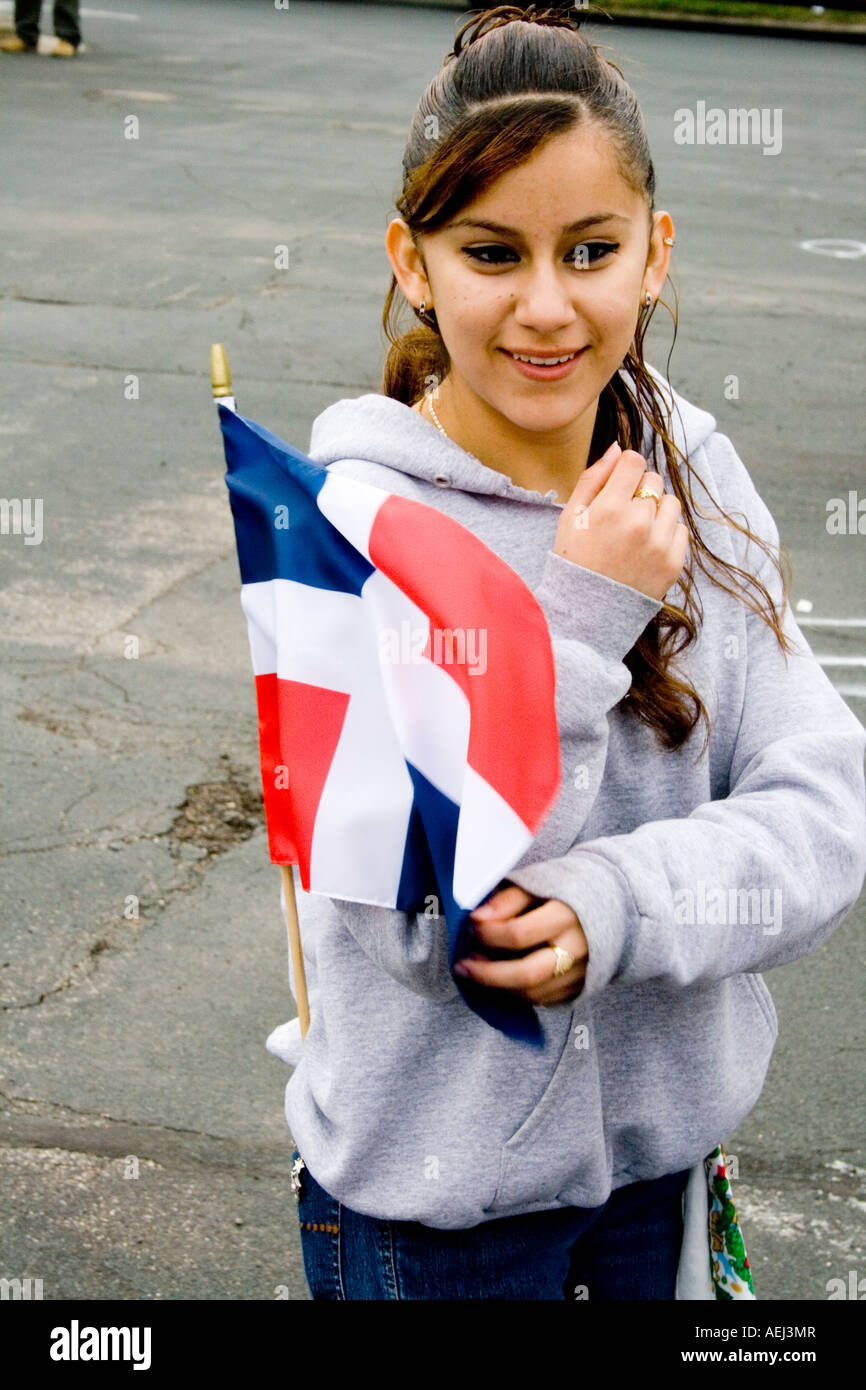 Latina Woman Age 18 Carrying Dominican Republic Flag In Parade Cinco