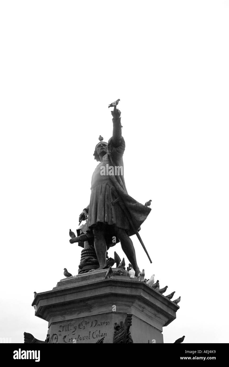 Columbus statue with some pigeons on it at Plaza Colon Santo Domingo Dominican Republic Isolated over white background Stock Photo