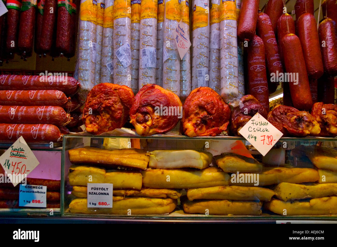 Meat stall at central market hall in Budapest Hungary EU Stock Photo