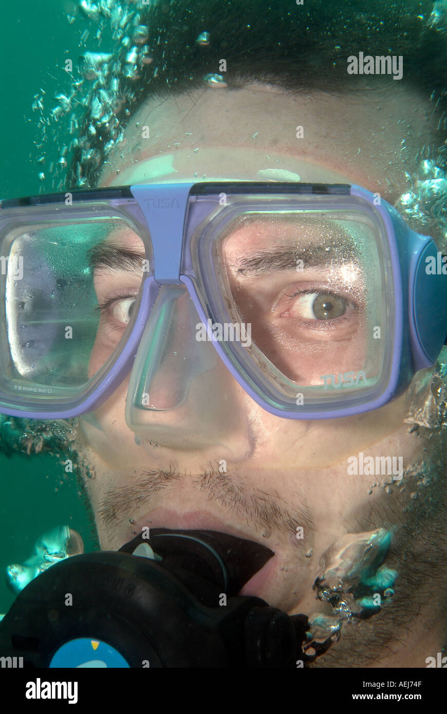 Face of a man scuba diver off Costa Rica, Catalina Islands Stock Photo