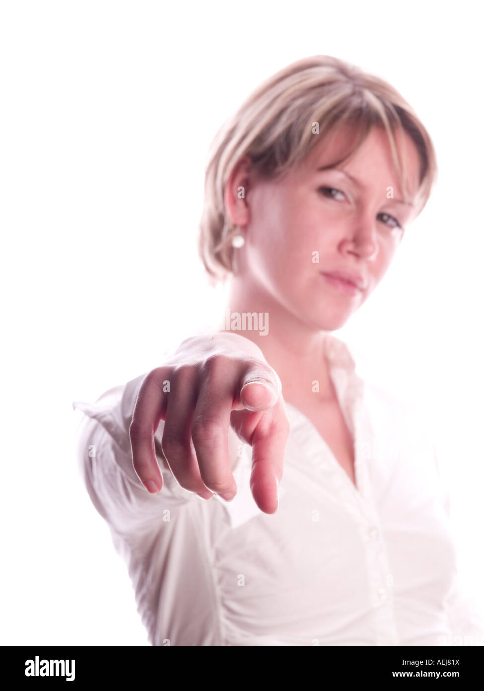 Blonde woman pointing her finger Stock Photo