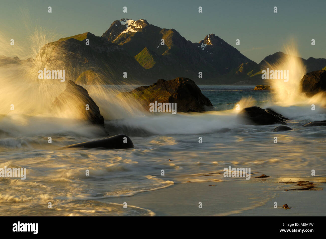 Rising tide, midnight sun, Flakstadoy, Lofoten, Norway, Scandinavia Stock Photo