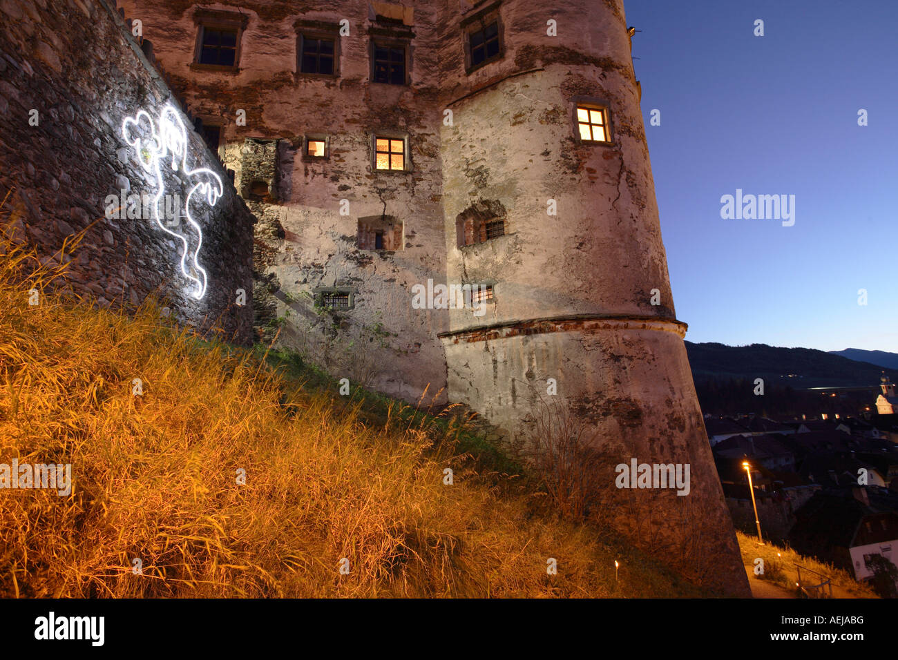 Old castle in Gmuend / Carinthia at night, Carinthia, Austria Stock Photo
