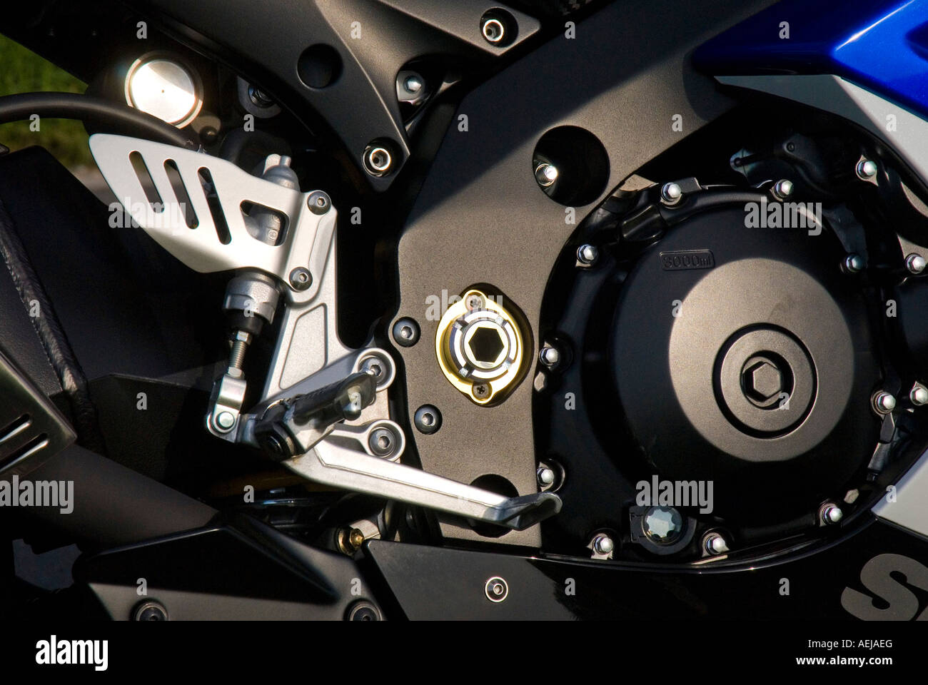Motorcycle, detail, motor and brake pedal Stock Photo Alamy