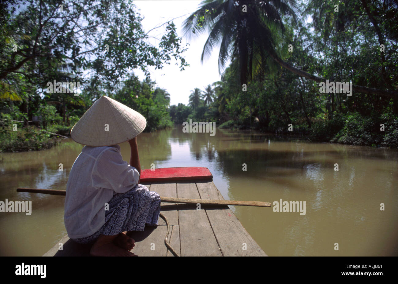 Woman wearing traditional straw hat in boat Mekong Delta Vietnam Stock Photo