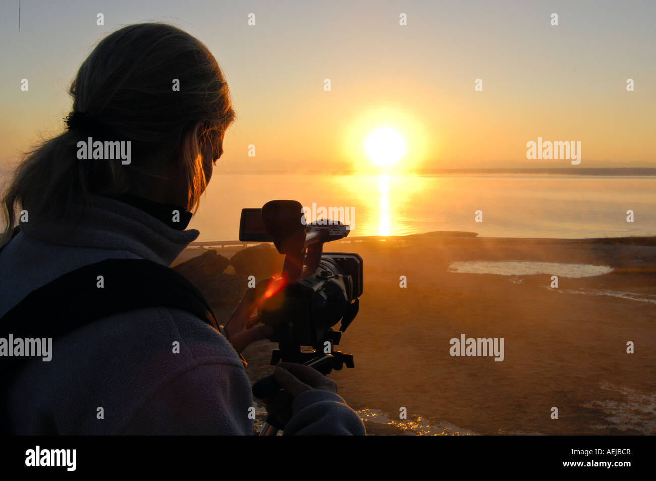 Camerawoman filming sunset, USA, United States of America Stock Photo