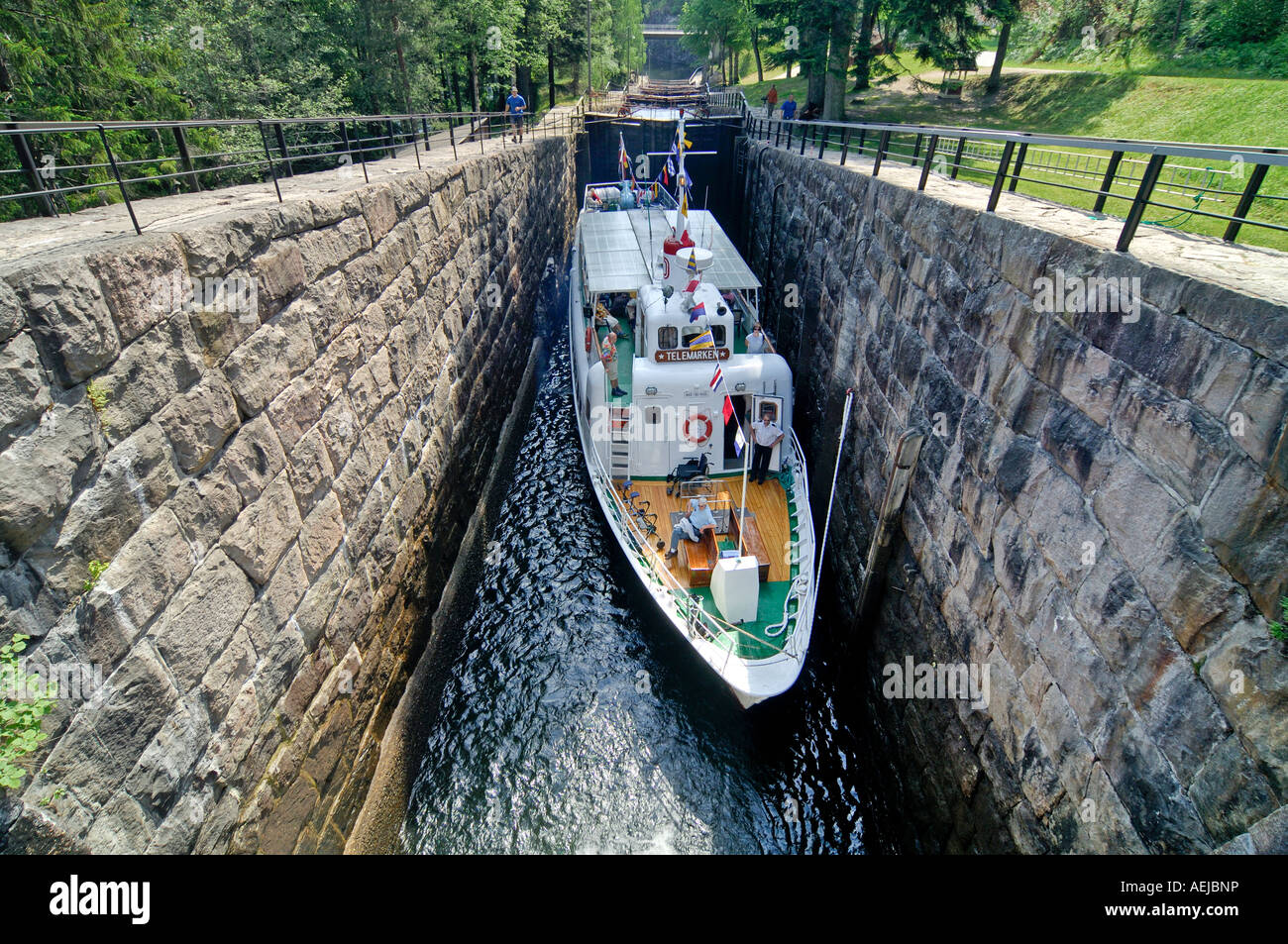 Ship in canal lock, Telemark, Norway Stock Photo
