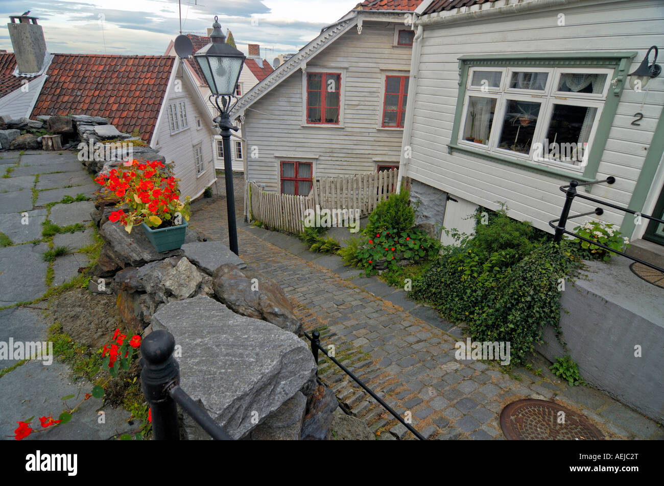 Narrow lane in the picturesque old town of Stavanger, Rogaland, Norway, Scandinavia, Europe Stock Photo