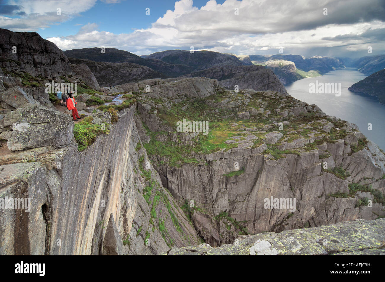 Tourists standing on Preikestolen cliff above Lysefjord, Rogaland, Norway, Scandinavia, Europe Stock Photo