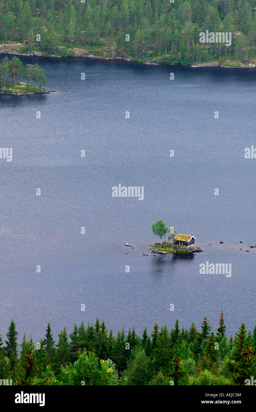 Timber building on a small island in Tinnsjo lake, Notodden, Telemark