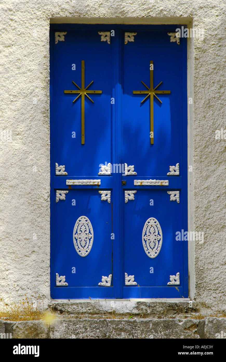 Cloister, blue door with crosses, Kefalonia, Ionian Islands, Greece Stock Photo