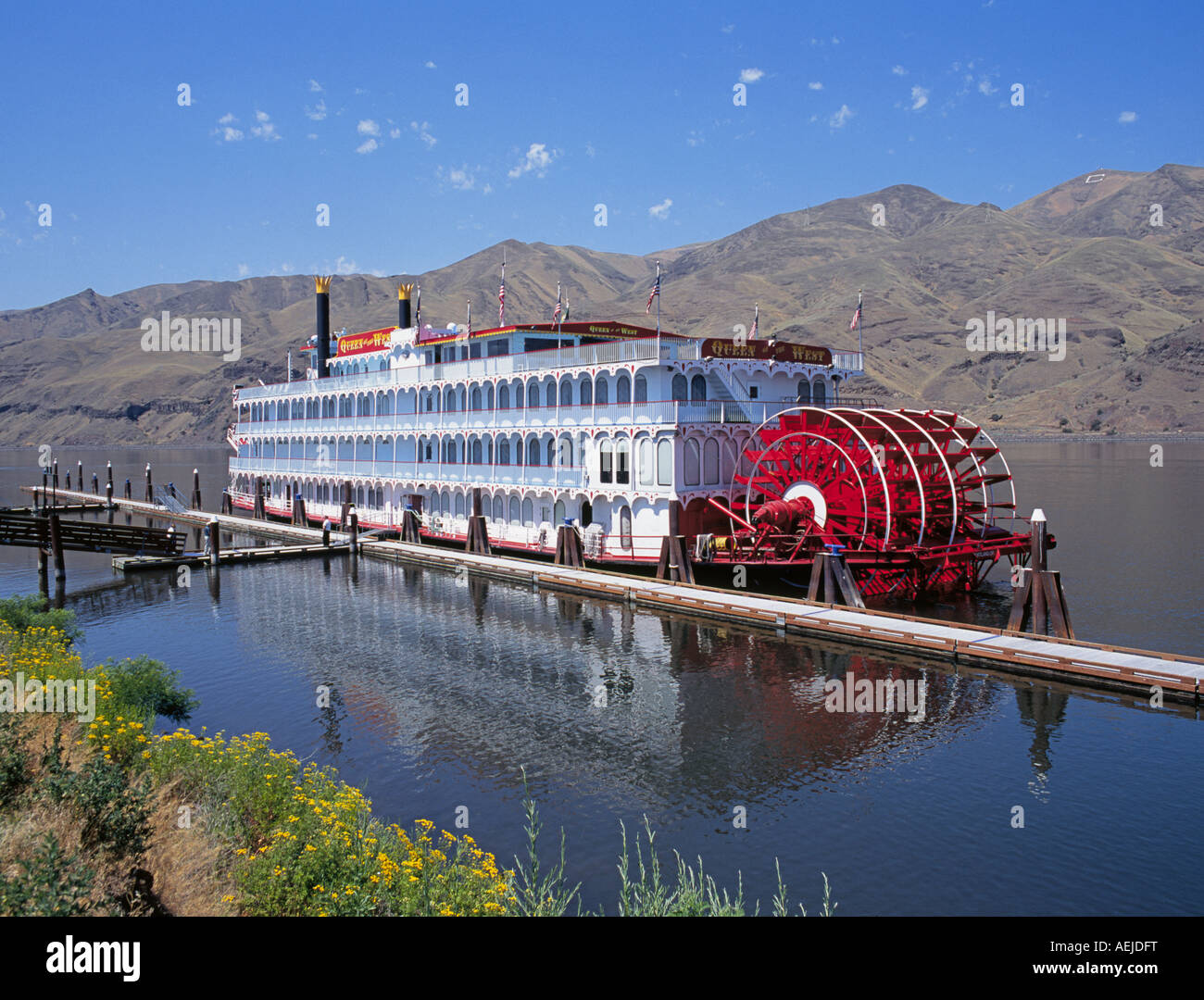 A paddlewheel steamboat the Queen Of The West tied up at the dock on the Columbia River near Clarkston Idaho Stock Photo