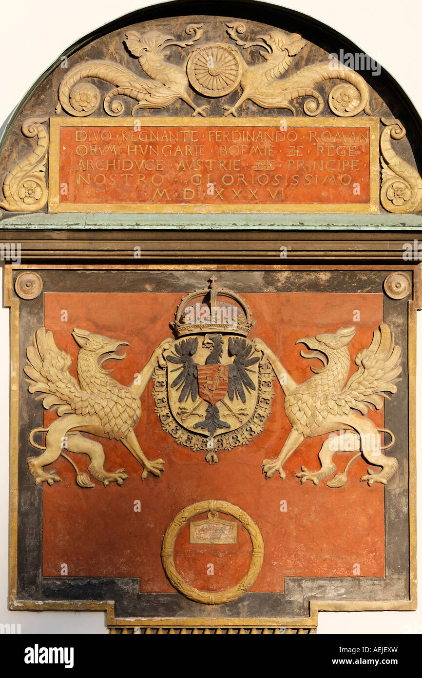 Historic commemorative plaque for emperor Ferdinand I, put up at the oldest part of the Hofburg, Schweizerhof, Vienna, Austria, Stock Photo
