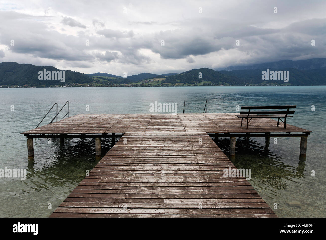 Wooden platform of a swimming bath at the Attersee, before a heavy thunderstorm, Salzkammergut, Upper Austria Stock Photo
