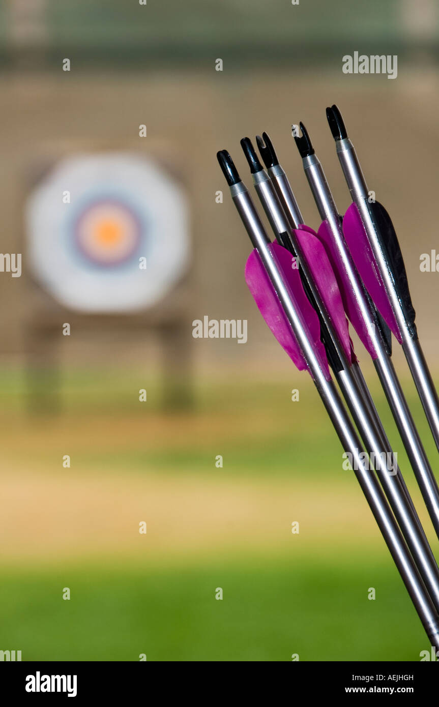 Arrows, outdoor target archery competition Stock Photo