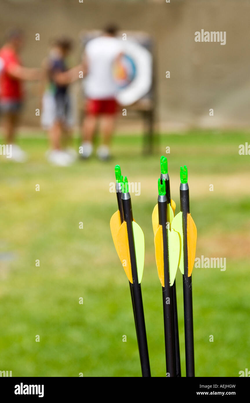 Arrows, competition, archers control their results at the target Stock Photo