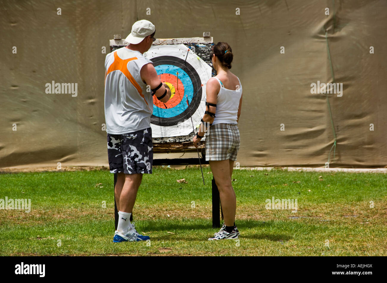 Archers control their results at the target Stock Photo