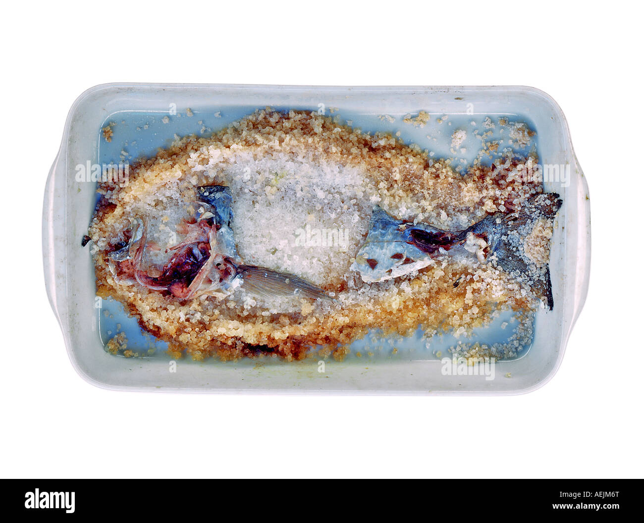 Leftovers, salty crusted fish on a china plate Stock Photo