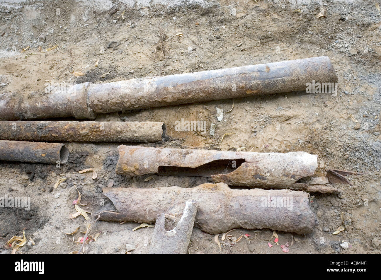Old defect water pipes Stock Photo