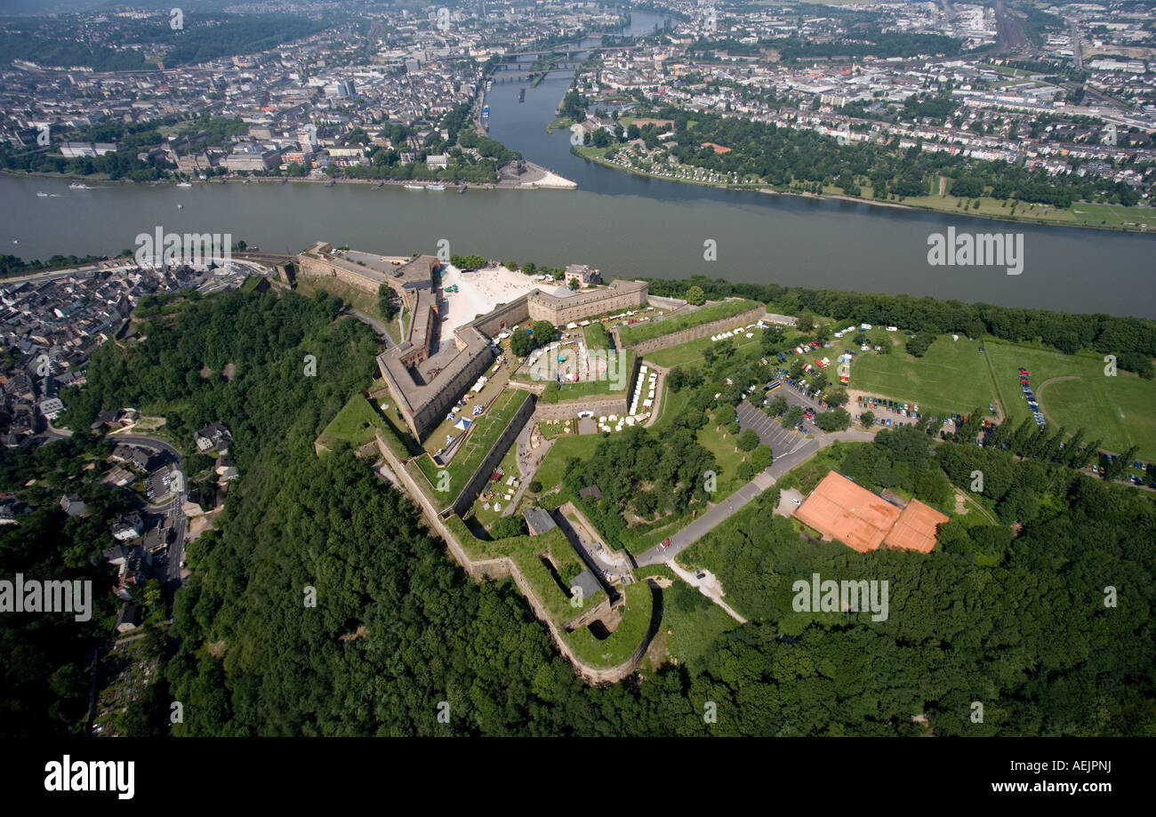 The Castle Ehrenbreitstein with the Deutsche Eck in Koblenz, Rhinleand-Palatinate , Germany Europe Stock Photo