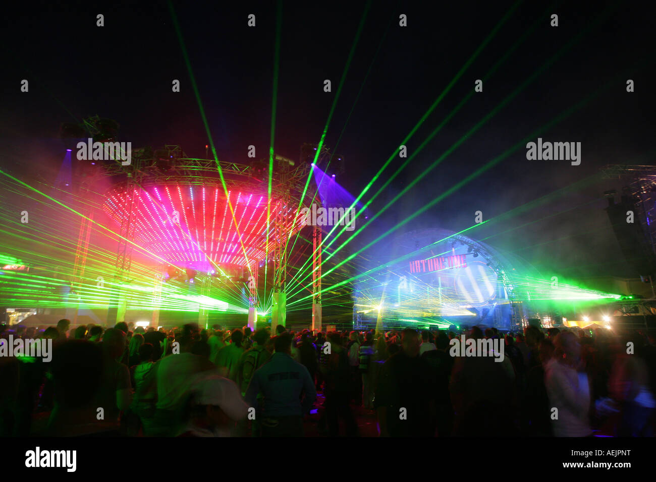 Lightshow during the 'nature one'-techno-party near Kastellaun , Rhineland-Palatinate, Germany Stock Photo