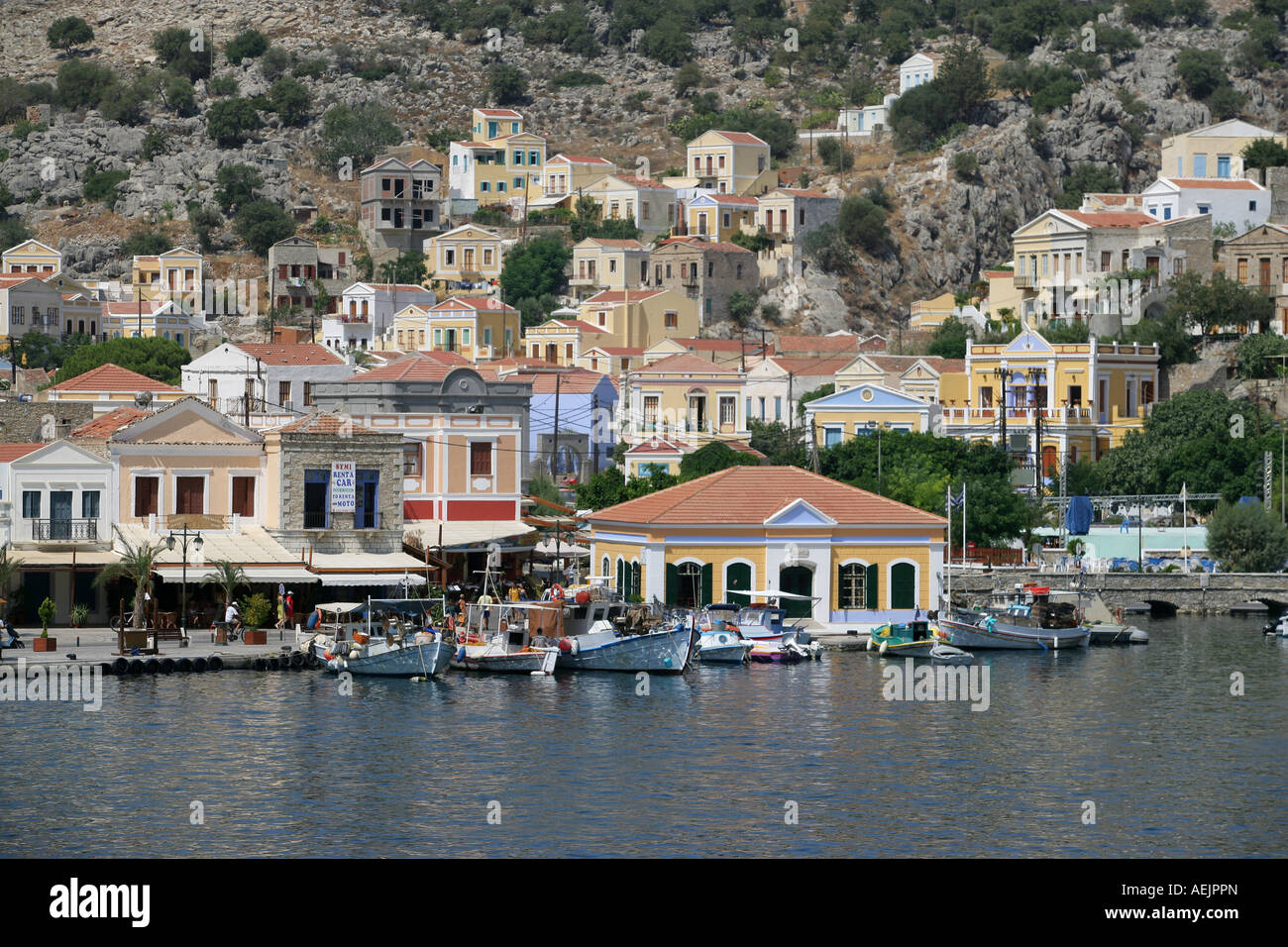 The port from the Isle of Symi near Rhodes, Greece, Europe Stock Photo