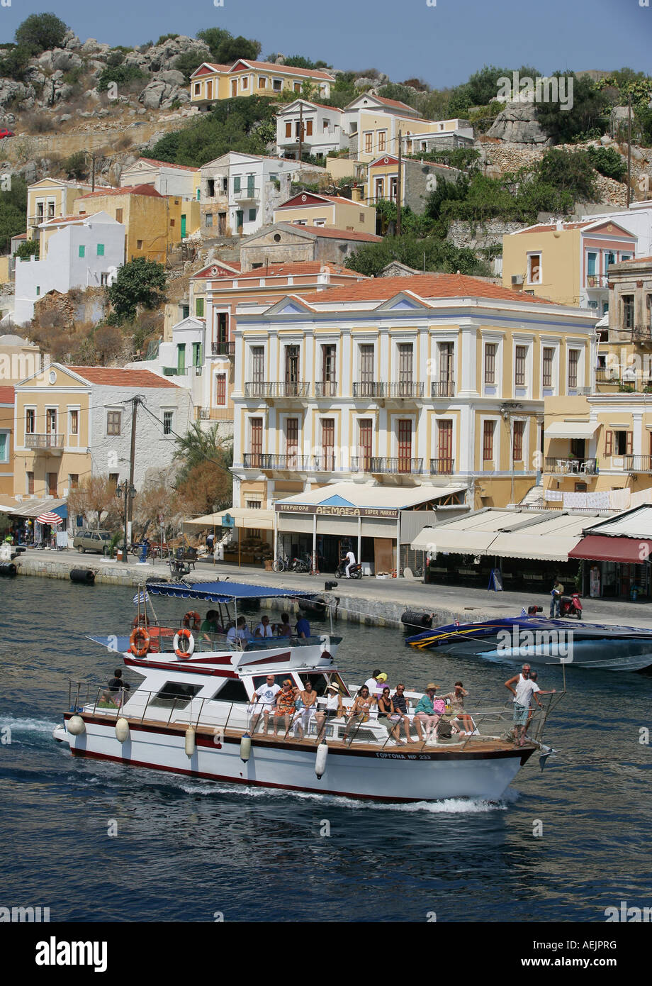 The Port of the Isle of Symi near Rhodes, Greece, Europe Stock Photo