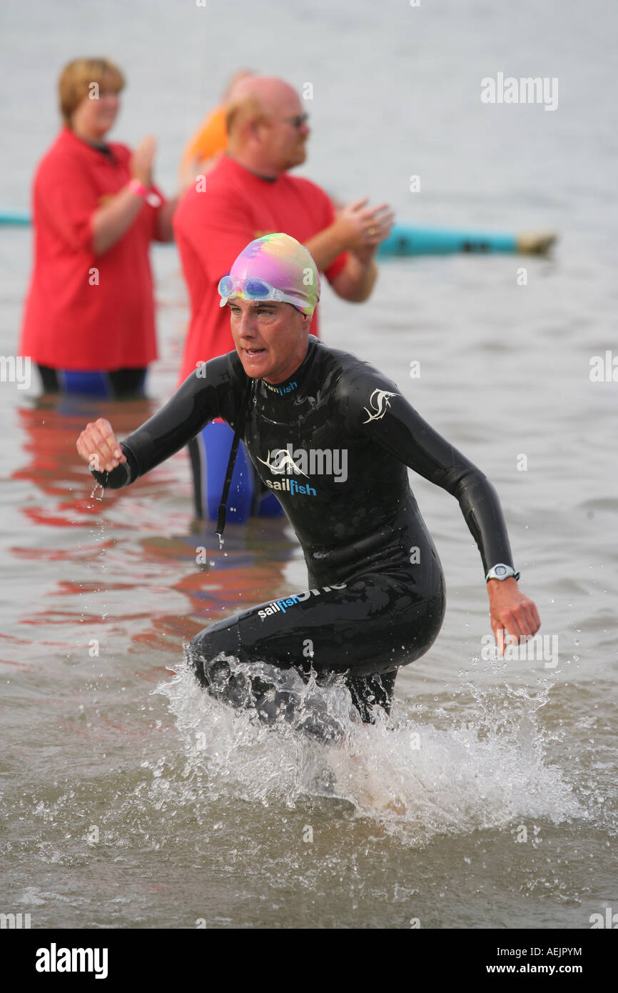 Nicole Leder at the end of the Swim course during the Ironman Europe in Frankfurt, Hesse, Germany, Europe Stock Photo
