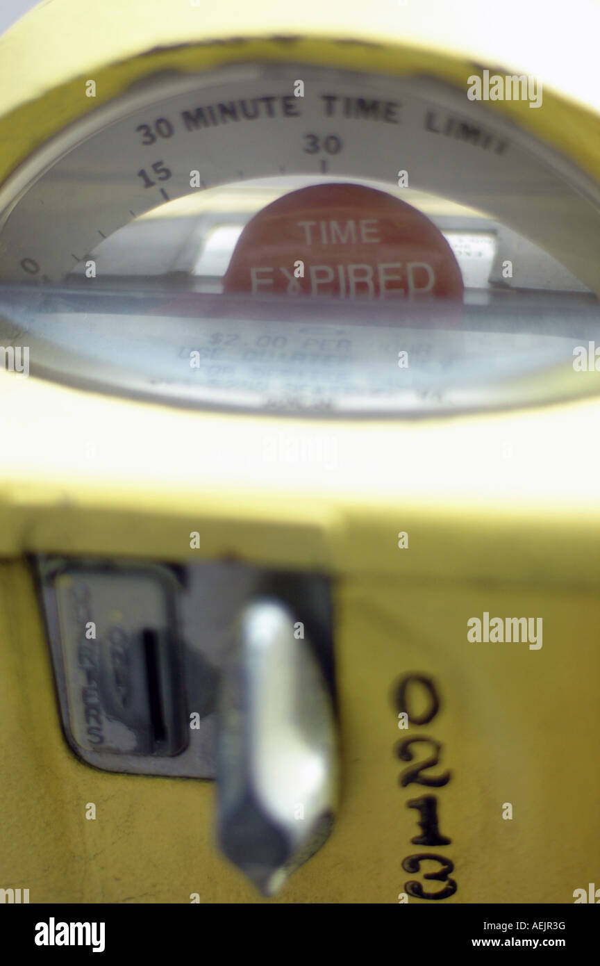 A yellow parking meter shows "Time Expired" on a city street in