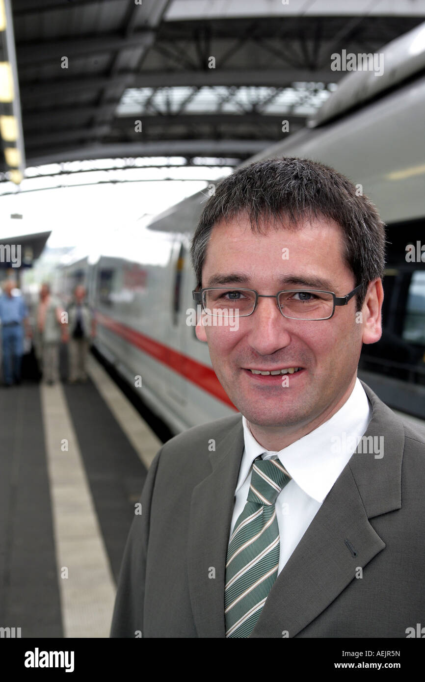 Minister of transport in Rhineland-Palatinate Hendrik Hering at the Railway station in Monatbaur, Rhineland-Palatinate, Germany Stock Photo