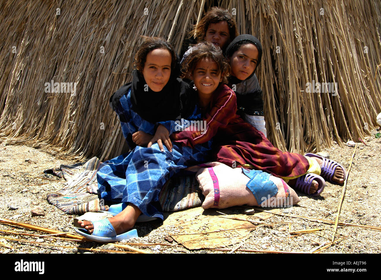 Bedouin girls from the Muszeina tribe near Ras Abu Galum also Ras Abu Galoum north of Dahab town Red Sea Sinai Egypt Stock Photo
