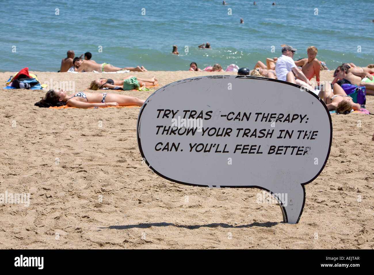 Request to keep the beach clean, Platja de Bareloneta, Barcelona, Catalonia, Spain Stock Photo