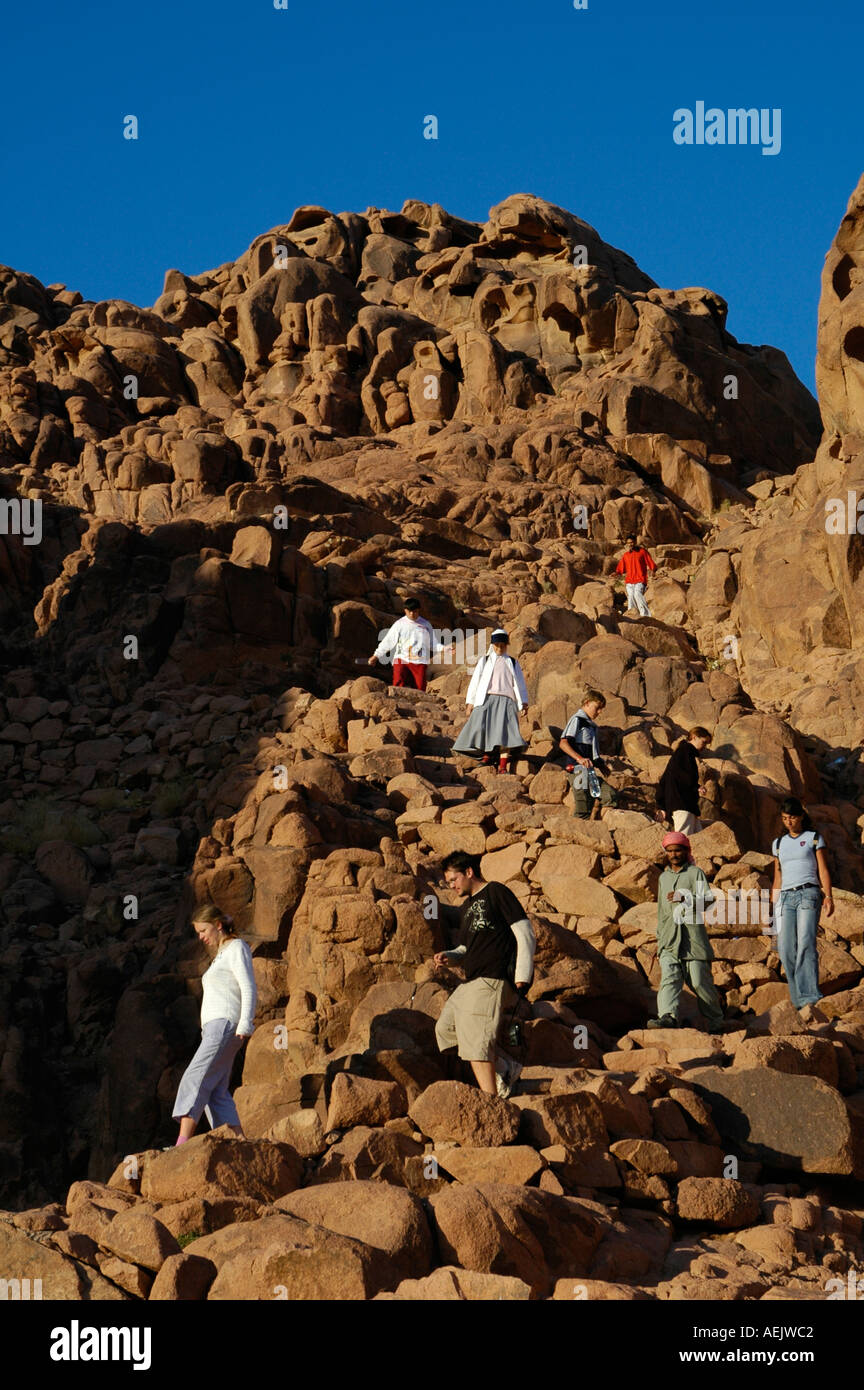 Tourists descending from the summit of Mount Sinai also known as Mount